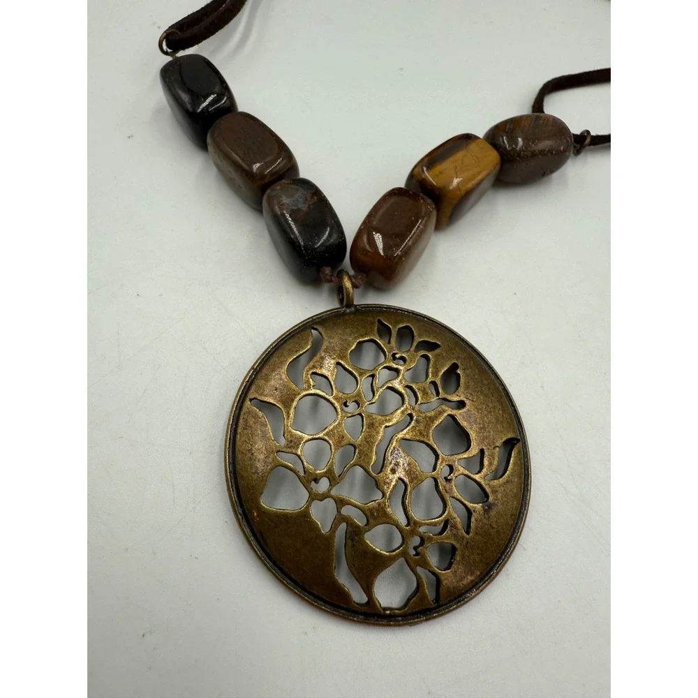Avon Vintage Bronze Floral Medallion Tiger Eye Bead Suede Cord Necklace Boho